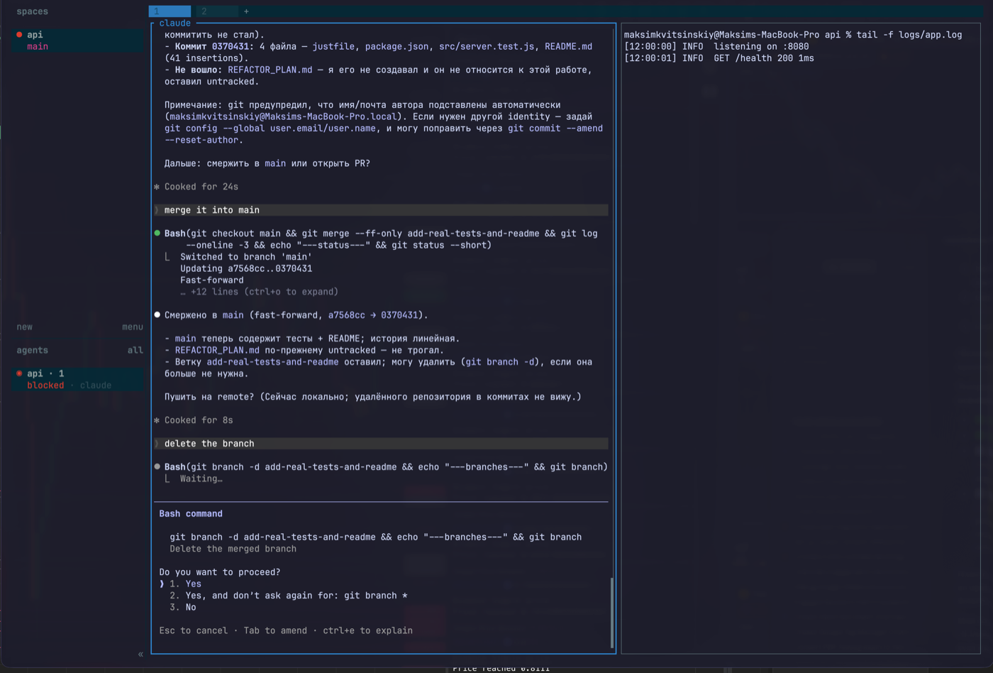 Two Herdr panes: claude agent on the left, tail -f logs/app.log on the right; one agent in the sidebar