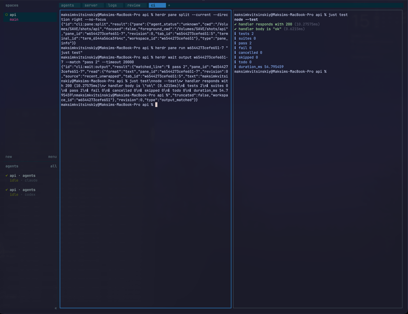 Herdr CLI: pane split, pane run just test, wait output with socket-API JSON; passing test (pass 2) on the right