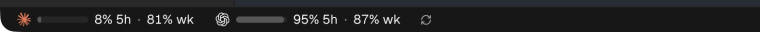 Orca status bar: two accounts with limits — one at 8% of the five-hour window, the other at 95%